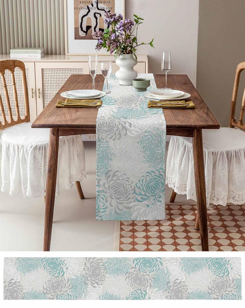 PIEPLE Aqua Chrysanthemum Flowers Table Runner-Cotton Linen-Small 13x36inches Dresser Scarves,Floral Grey Tablerunner for Kitchen Coffee/Dining/End Table Bedroom Living Room,Scarf Decor for Holiday - Image 3